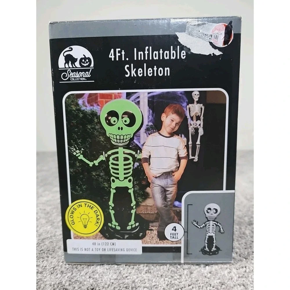 4 Feet Tall Inflatable Skeleton Glows In The Dark Indoor/Outdoor Halloween New